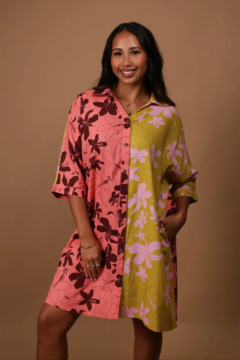 Aloha Button-Front Dress In Hibiscus Pink And Olive 1
