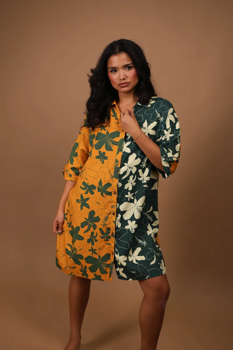 Aloha Button-Front Dress In Hibiscus Yellow And Green 1