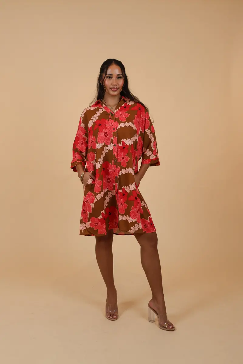 Aloha-Style Button-Down Dress In Pua Kala Lei Mocha 1