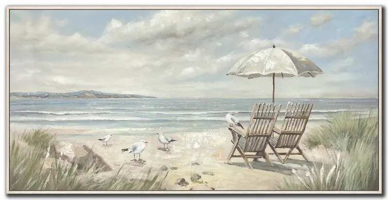 Beachside-Inspired Wall Art – Seats By The Sea In Blue And Beige, 24X48 Inches 1