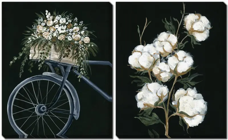 Black-And-White Cotton And Wheels Dual Wall Art Set – 16×20 Inches 1