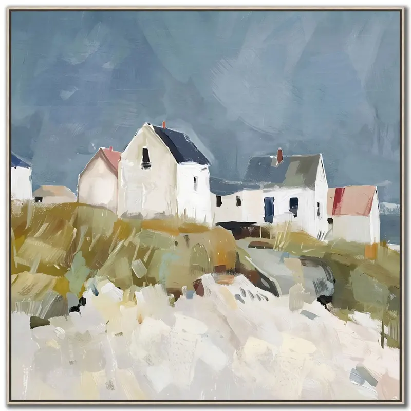 Blue-Green Cottages By The Dune Ii Square Print – 32×32 Inches 1