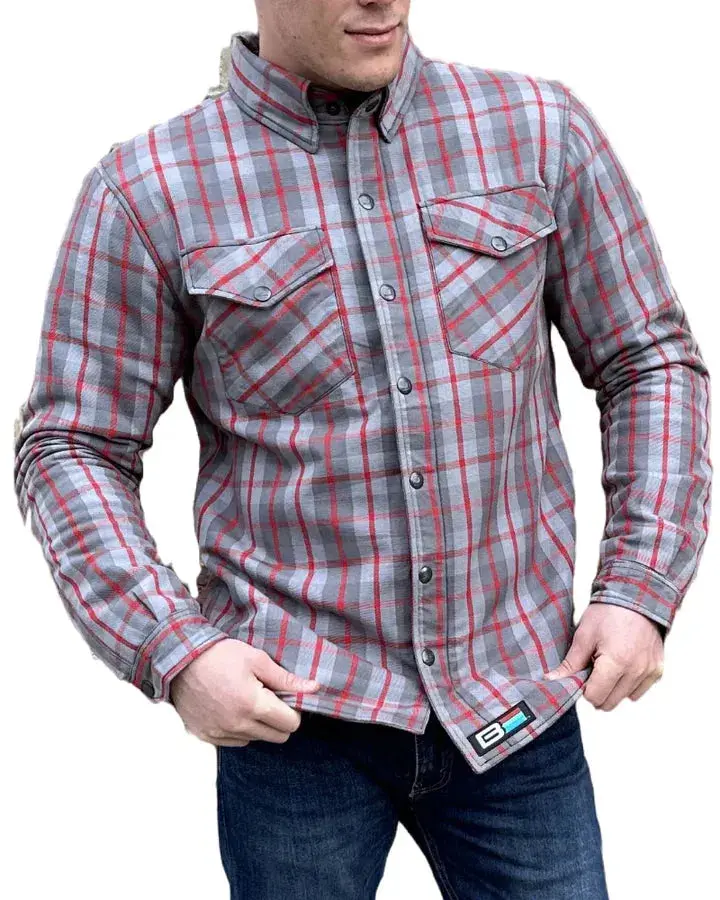 Bohn Kevlar-Reinforced Red-And-Grey Plaid Riding Shirt For Men 1