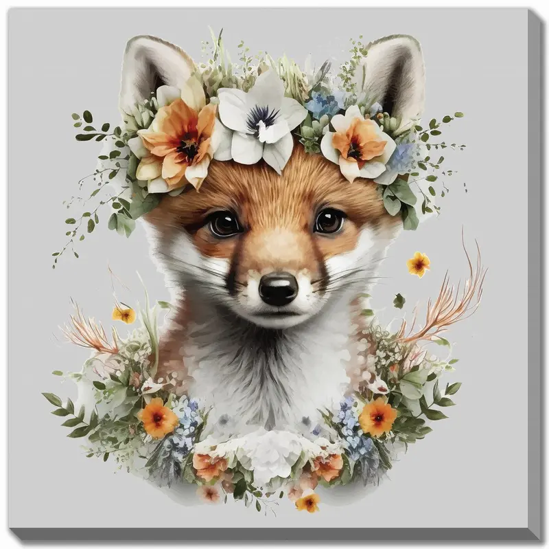 Botanical Woodland Art Print – Orange/Green Theme – 24 X 24 Inches 1