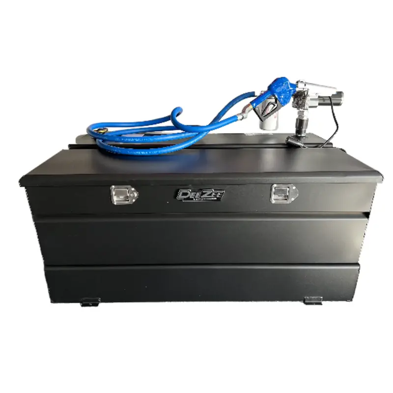 Deezee 111-Gallon Steel Transfer Tank And Tool Box Combo – Black Finish W/ 15 Gpm Pump & Arctic Hose 1
