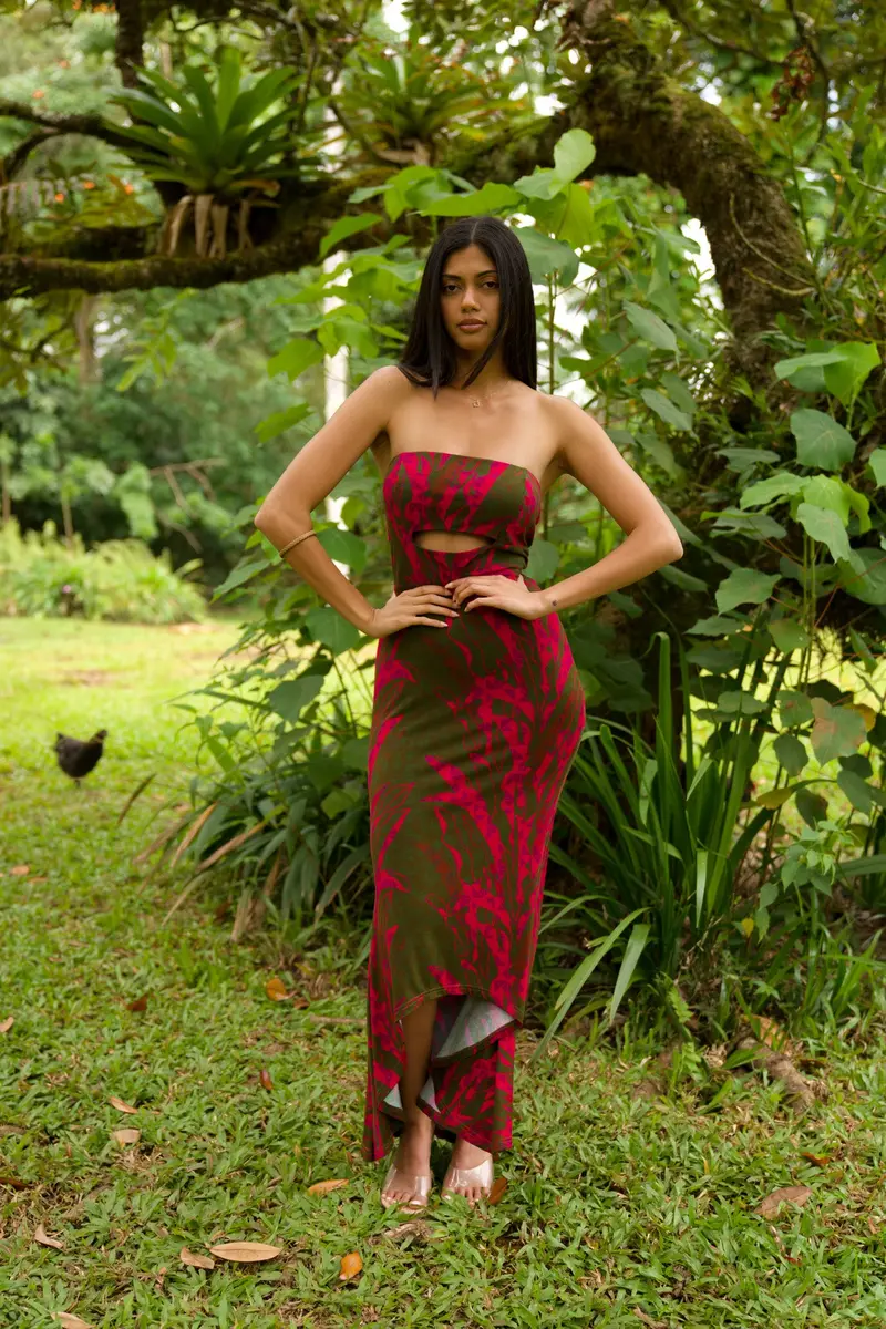 HiʻU Short Dress In Heliconia Tribal Fruit Punch Print 1