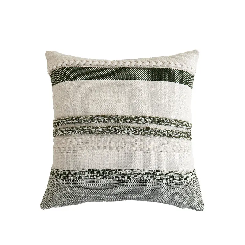 In Full Bloom Layered Stripe Pillow – 18 X 18 Inches, Green & Ivory 1