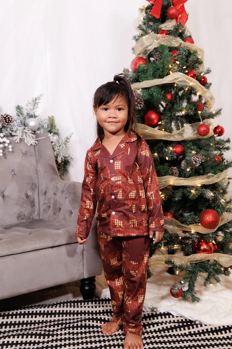 Kids' Palaka Fern Pajama Set – Burgundy 1