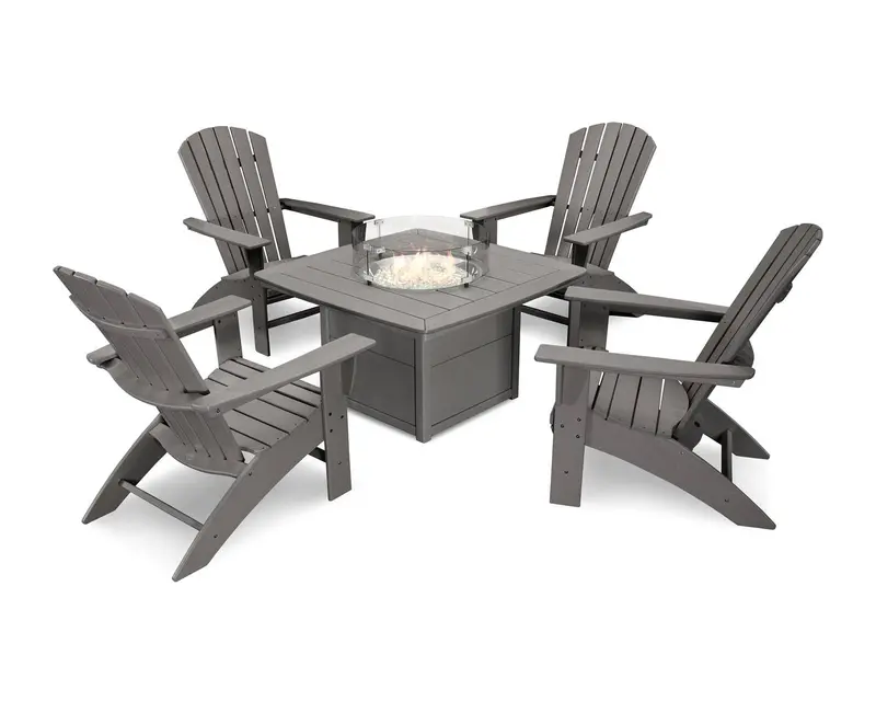 Polywood Nautical Curveback Adirondack 5-Piece Outdoor Set With Slate Grey Fire Table 1