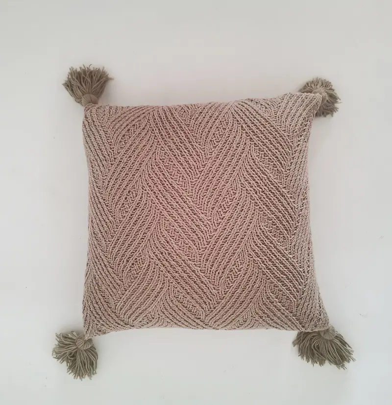 Rustic Charm Beige-And-Brown 18" X 18" Chevron Weave Cushion With Tassels 1