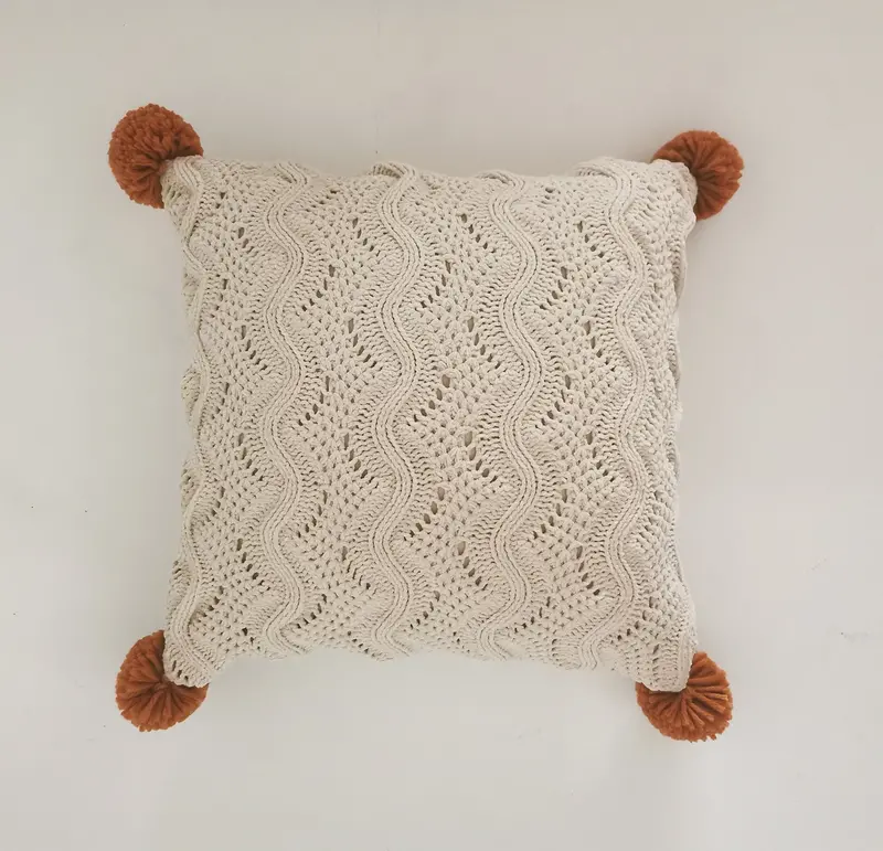 Rustic Charm Beige-And-Rust 18" X 15" Cable Knit Cushion With Pom-Poms 1