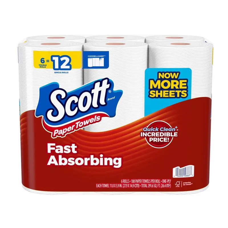 Scott Paper Towels – 108-Sheet, 1-Ply, Value Pack (6 Rolls) 1