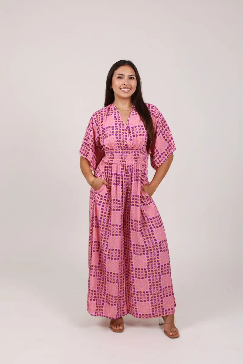 Vacay Long Jumpsuit In Palaka Quilt Bubble Gum Print 1
