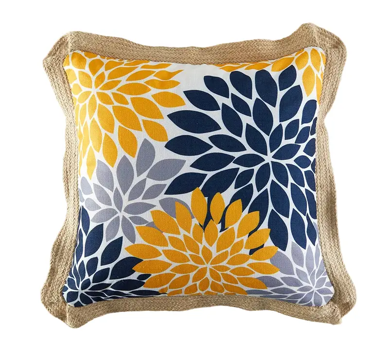 Yellow And Navy Botanical Pattern Outdoor Accent Cushion 1